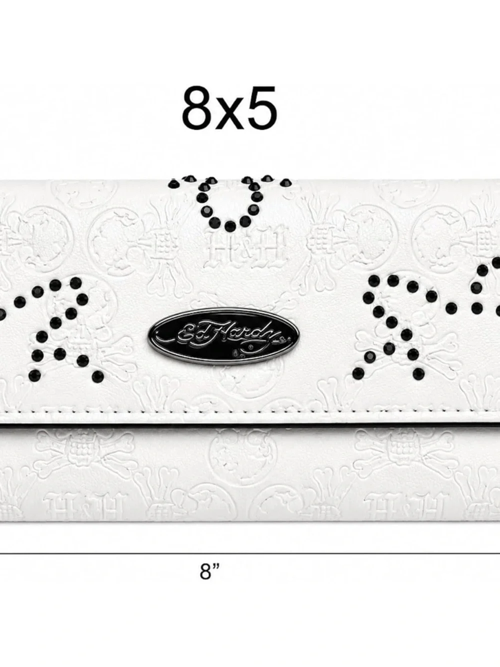 Ed Hardy White Embossed Wallet with Black Stud Accents & Logo Plaque with Skulls